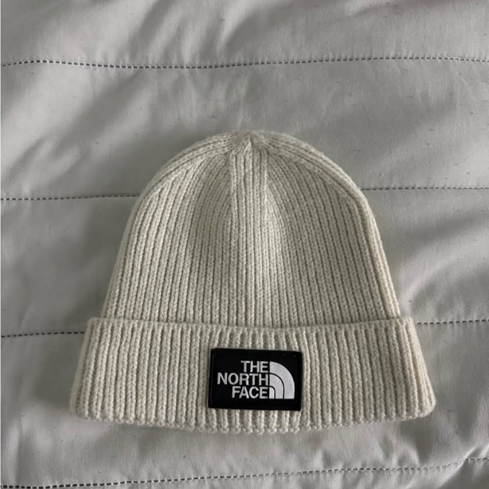 The North Face Cream Rib Knit Cuffed Beanie with Logo Patch